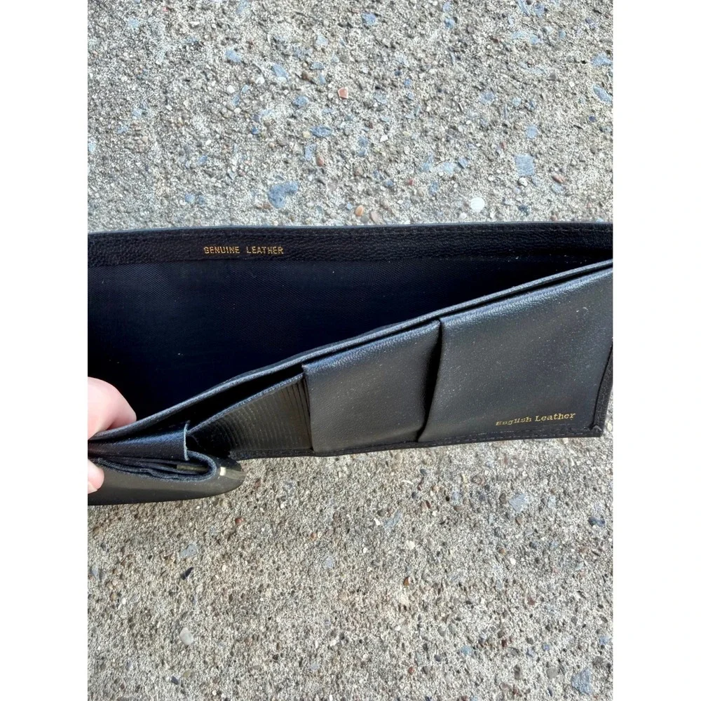 Vintage English Leather Black Genuine Leather Bifold Wallet with Coin Pocket